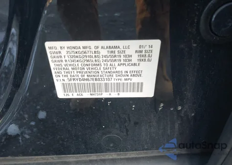 2014 Acura Mdx Technology Pkg W/Entertainment Pkg from USA, damaged, VIN 5FRYD4H67EB033107